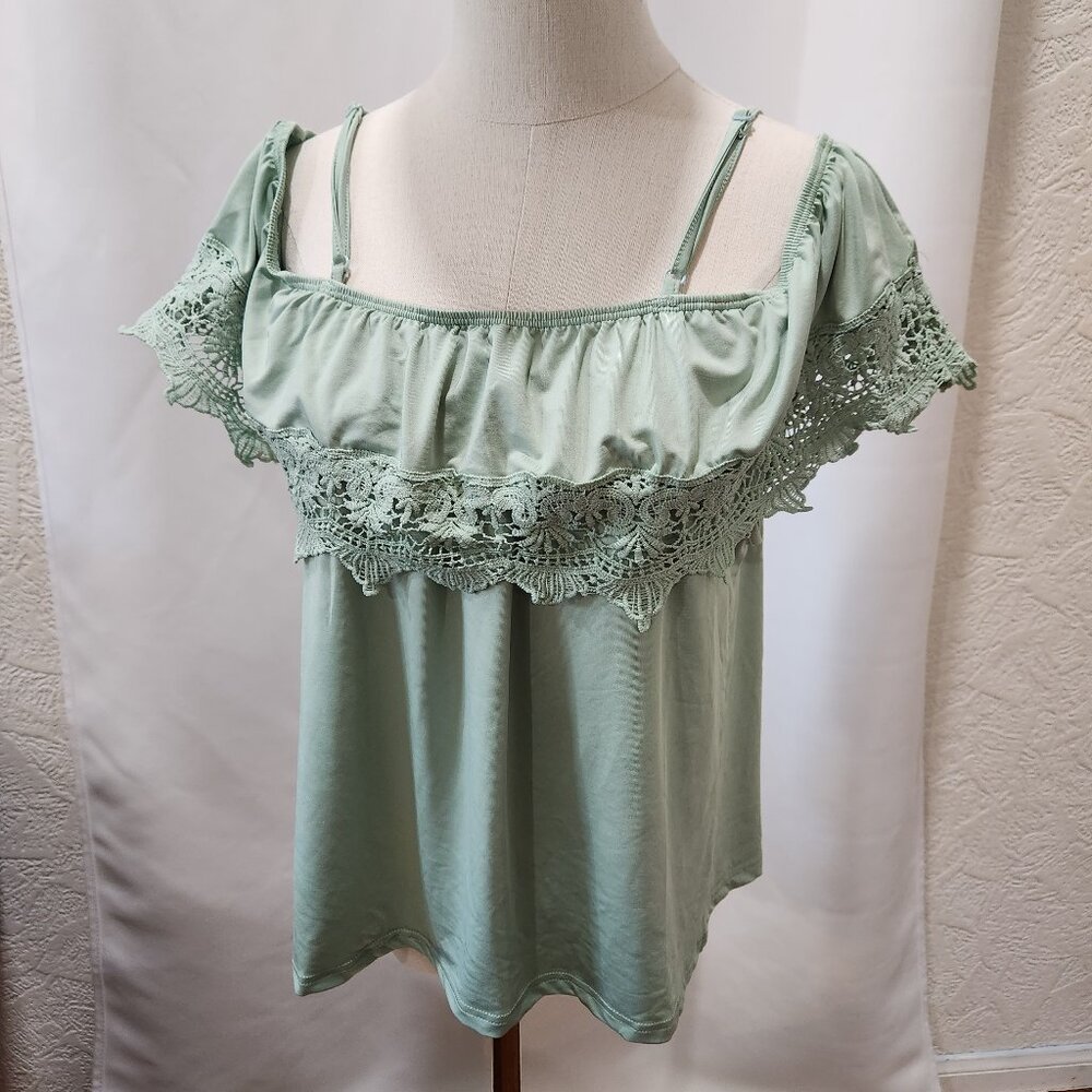 Mint green off the shoulder ruffle and lace top